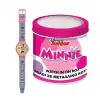 PULIO Zegarek analogowy w blaszanym pudełku - Disney Minnie Mouse, różowy pasek ze skóry PU, mechanizm kwarcowy, koperta ze stopu metalu 30mm, odporny na zachlapania, dla dziewczynek 6+