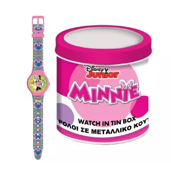 PULIO Zegarek analogowy w blaszanym pudełku - Disney Minnie Mouse, różowy pasek ze skóry PU, mechanizm kwarcowy, koperta ze stopu metalu 30mm, odporny na zachlapania, dla dziewczynek 6+
