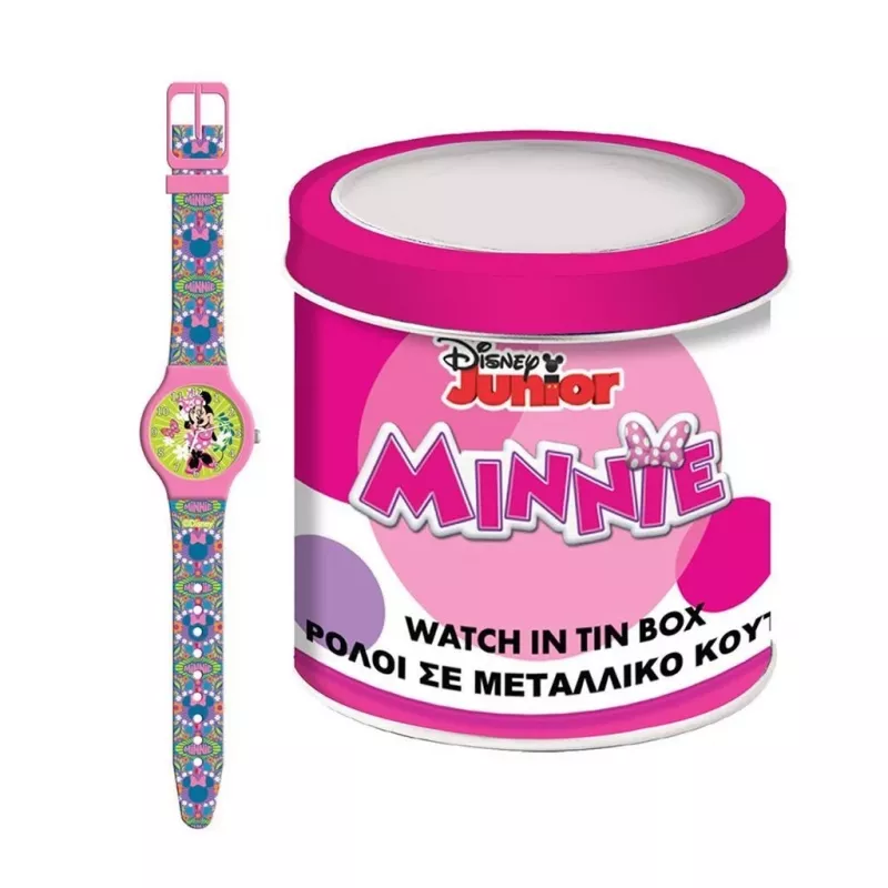 PULIO Zegarek analogowy w blaszanym pudełku - Disney Minnie Mouse, różowy pasek ze skóry PU, mechanizm kwarcowy, koperta ze stopu metalu 30mm, odporny na zachlapania, dla dziewczynek 6+