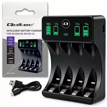 Qoltec NiMH/NiCd Ładowarka do baterii AA, AAA, C, D, 9V z wyświetlaczem LCD i kablem USB-C - Czarny