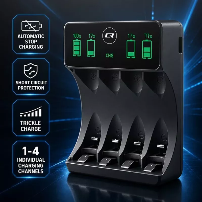 Qoltec NiMH/NiCd Ładowarka do baterii AA, AAA, C, D, 9V z wyświetlaczem LCD i kablem USB-C - Czarny
