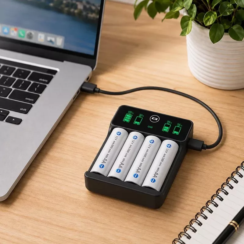 Qoltec NiMH/NiCd Ładowarka do baterii AA, AAA, C, D, 9V z wyświetlaczem LCD i kablem USB-C - Czarny