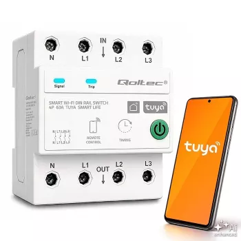 Qoltec Trójfazowy 63A Inteligentny Wyłącznik Wi-Fi 4P (3P+N) na Szynę DIN | Timer | Tuya | Smart Life | Amazon Alexa