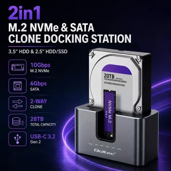 Qoltec 2w1 HDD SSD Docking Station SATA M.2 NVMe z klonowaniem, USB-C 3.2 Gen 2, 10Gbps, do 28TB, aluminiowa
