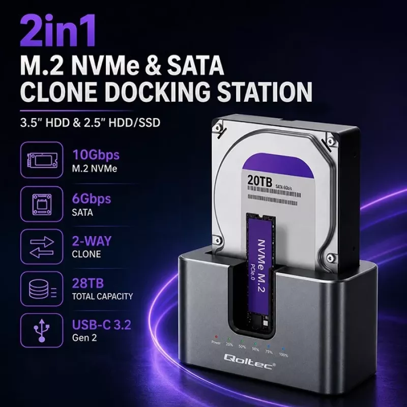 Qoltec 2w1 HDD SSD Docking Station SATA M.2 NVMe z klonowaniem, USB-C 3.2 Gen 2, 10Gbps, do 28TB, aluminiowa