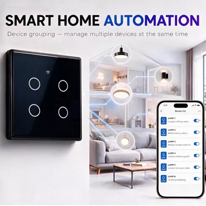 Qoltec Smart Dotykowy Przełącznik Światła 4-obwodowy Wi-Fi Timer Tuya | Szkło hartowane | Biały