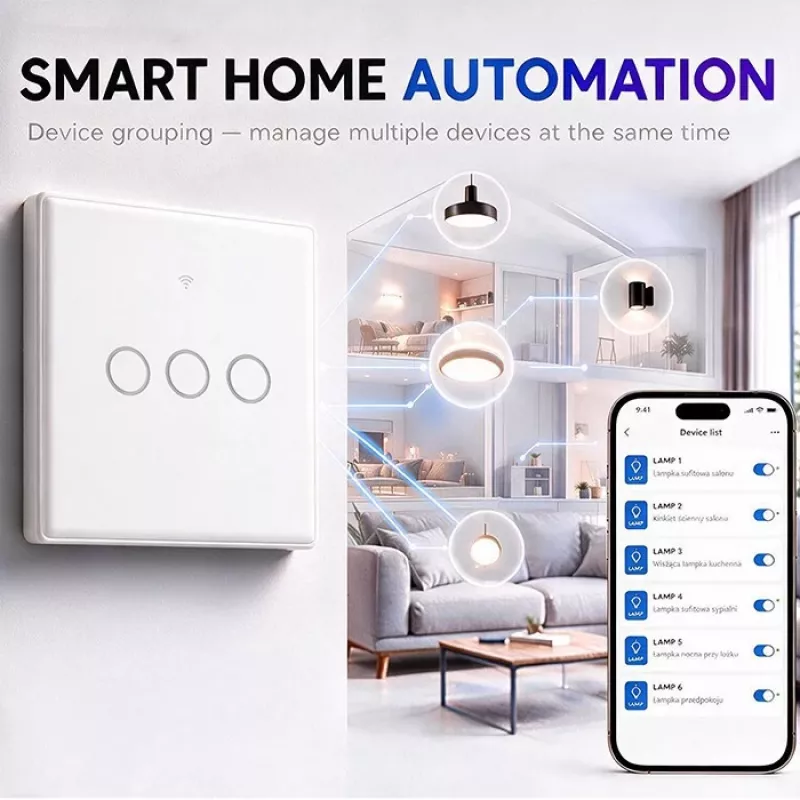 Qoltec Smart Touch Light Switch 3-Gang Wi-Fi Timer Tuya Biały