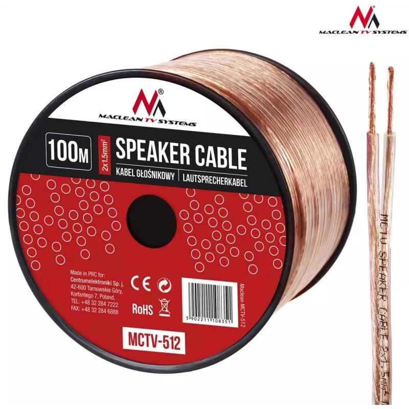 MACLEAN MCTV-512 Kabel głośnikowy 100m 2x1,5mm² Transparentny OFC na szpuli