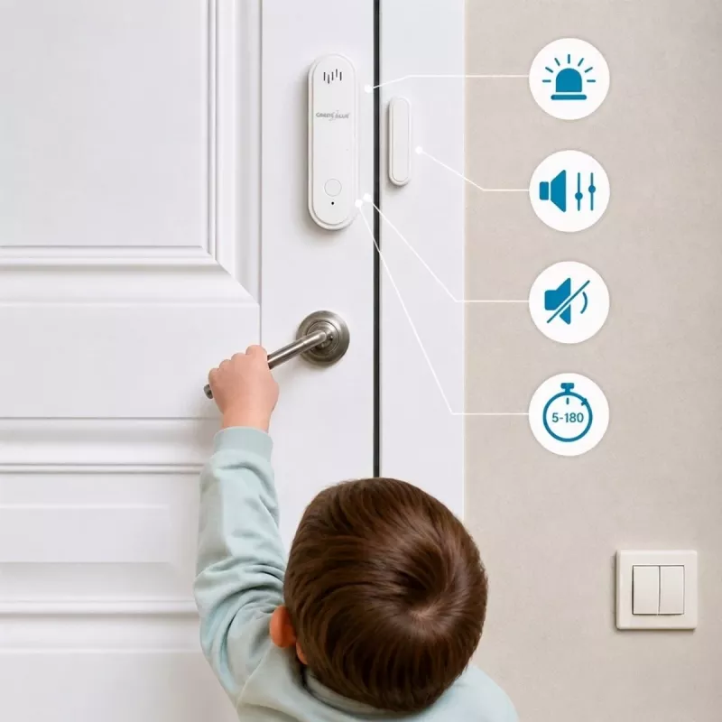 GREENBLUE GB478 Bezprzewodowy czujnik drzwi/okna WiFi – inteligentny kontakt magnetyczny, aplikacje Tuya i Gosund, Alexa/Google, zasilany bateryjnie, biały