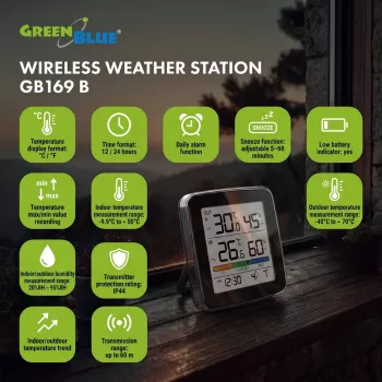 GREENBLUE GB169 B Bezprzewodowa Stacja Pogodowa z Kolorowym Wyświetlaczem i Czujnikiem Zewnętrznym