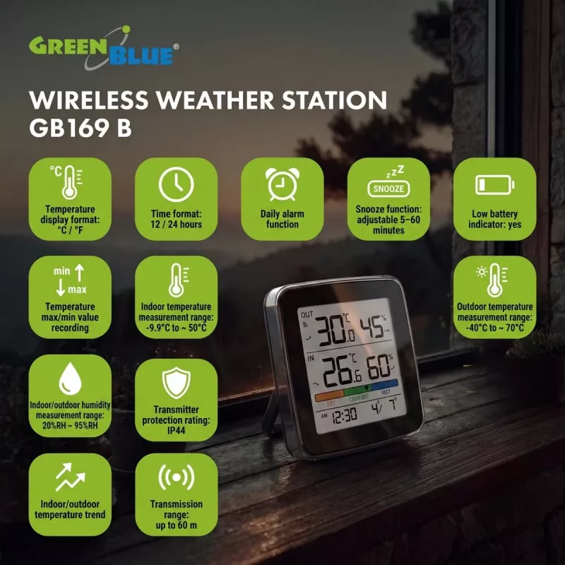 GREENBLUE GB169 B Bezprzewodowa Stacja Pogodowa z Kolorowym Wyświetlaczem i Czujnikiem Zewnętrznym