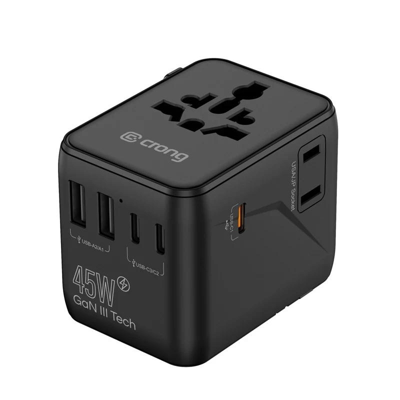 Crong One World Travel Adapter GaN 45W UK/EU/US/AU Czarny