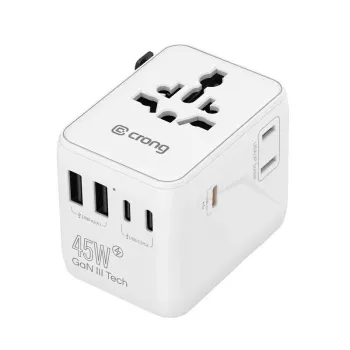 Crong One World Travel Adapter GaN 45W UK/EU/US/AU Biały
