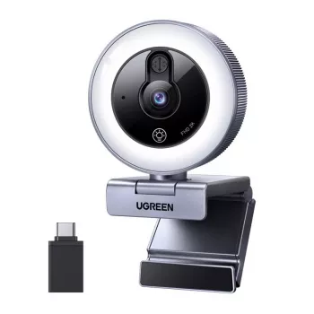 UGREEN 2K QHD kamera internetowa z diodowym światłem wypełniającym i wbudowanym mikrofonem, 30 kl./s, USB 2.0, autofokus, 80° FOV, z klipsem i mocowaniem na statyw, czarna