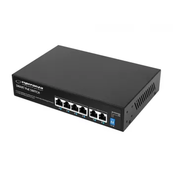 ESPERANZA 6-Portowy PoE+ Gigabit Switch 65W GOLIATH (4 porty PoE+, 2 uplinki, 12 Gbps, bez wentylatora, metalowy)