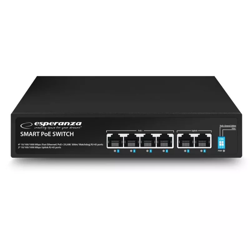ESPERANZA 6-Portowy PoE+ Gigabit Switch 65W GOLIATH (4 porty PoE+, 2 uplinki, 12 Gbps, bez wentylatora, metalowy)