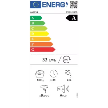Gorenje WG2P84A32/PL Wolnostojąca pralka ładowana od przodu, 8 kg, 1400 obr/min, klasa energetyczna A, Biała
