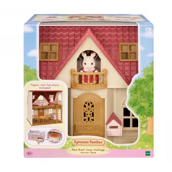 EPOCH Sylvanian Families Domek Startowy - Seria Czerwony Dach, domek dla lalek z króliczkiem Freya Chocolate i 10 elementami wyposażenia