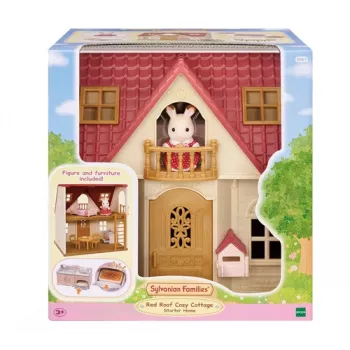 EPOCH Sylvanian Families Domek Startowy - Seria Czerwony Dach, domek dla lalek z króliczkiem Freya Chocolate i 10 elementami wyposażenia