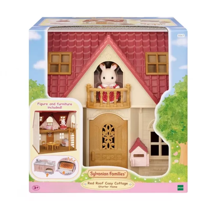 EPOCH Sylvanian Families Domek Startowy - Seria Czerwony Dach, domek dla lalek z króliczkiem Freya Chocolate i 10 elementami wyposażenia