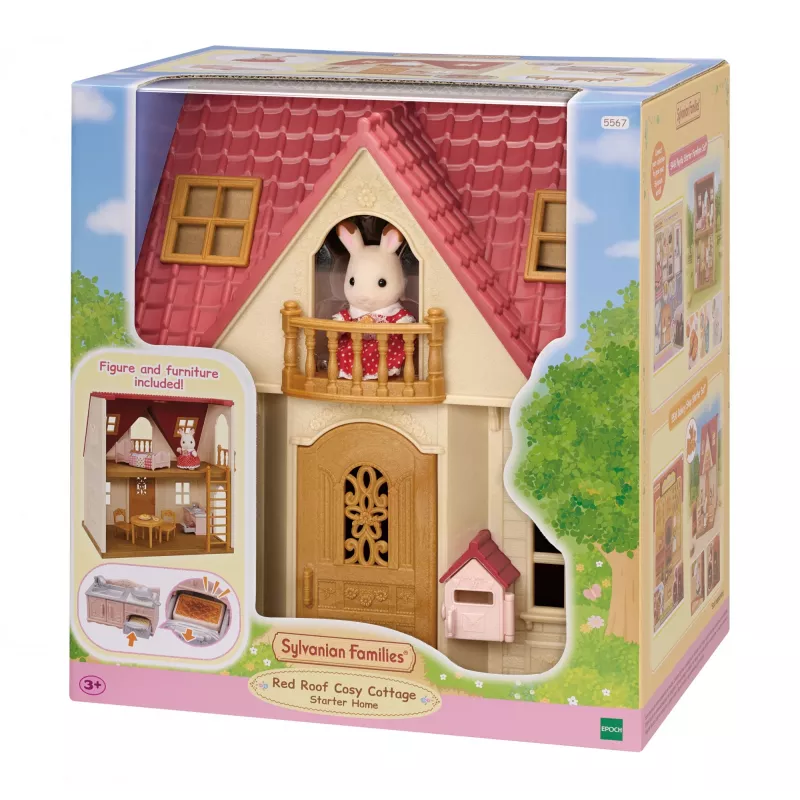 EPOCH Sylvanian Families Domek Startowy - Seria Czerwony Dach, domek dla lalek z króliczkiem Freya Chocolate i 10 elementami wyposażenia