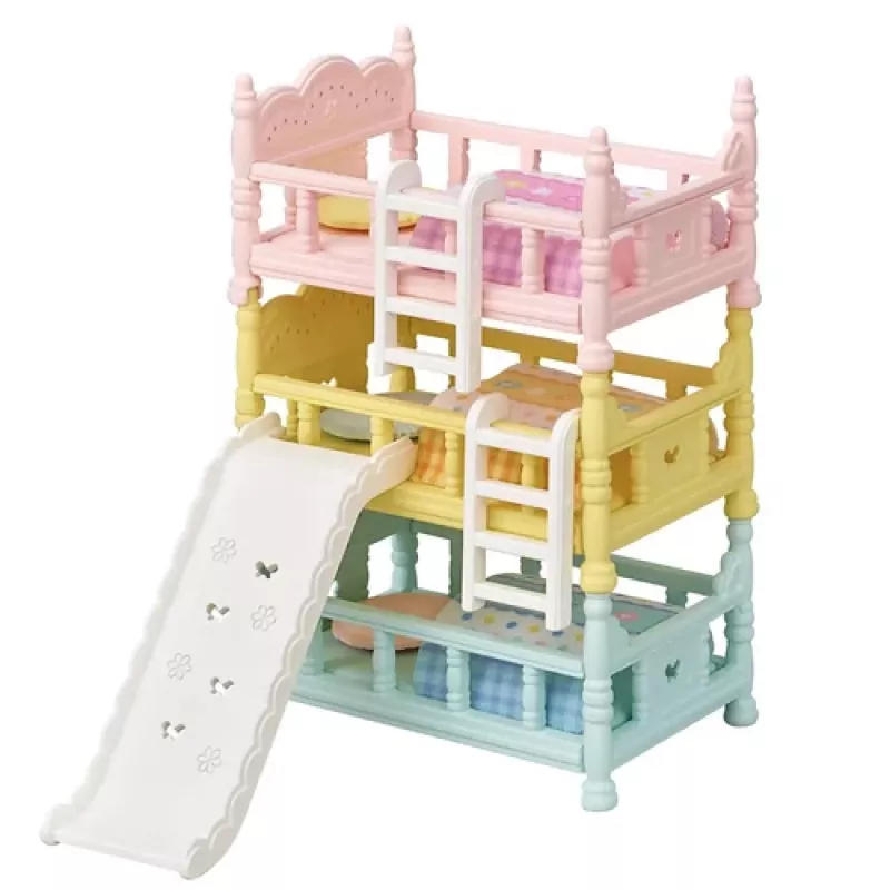 EPOCH Sylvanian Families Potrójne Łóżka Piętrowe - Meble do Domku dla Lalek, 3 Poziomy, Białe z Różowymi Akcentami, Z Drabinką i 3 Materacami, dla Figurek Dzieci, Wiek 3+
