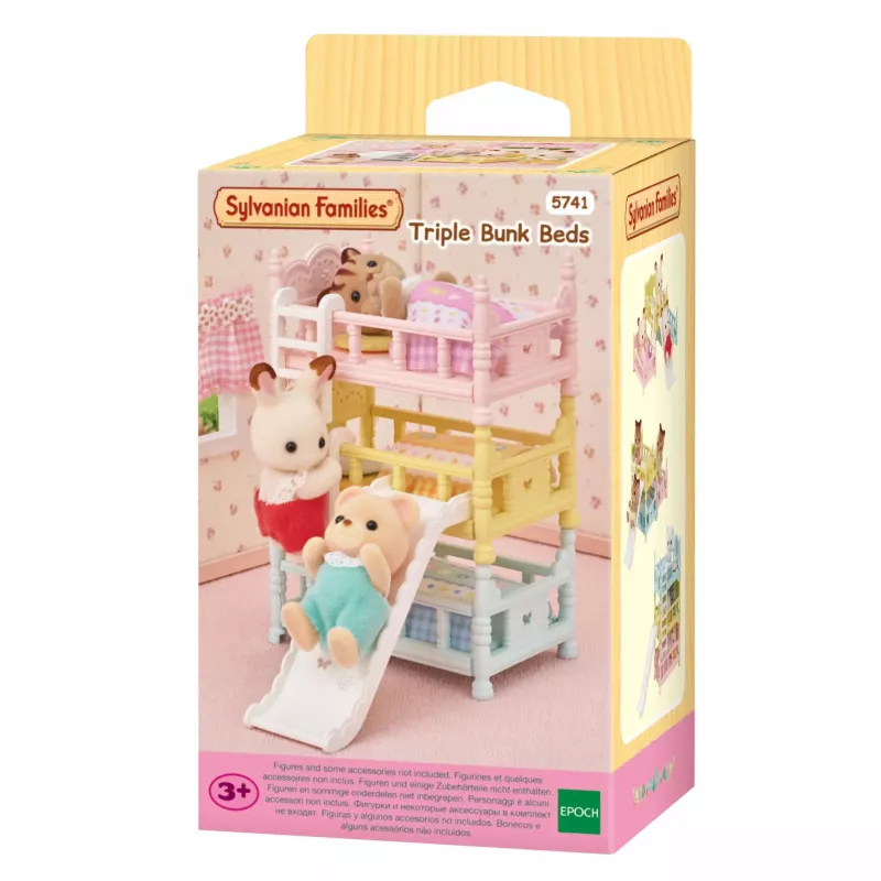 EPOCH Sylvanian Families Potrójne Łóżka Piętrowe - Meble do Domku dla Lalek, 3 Poziomy, Białe z Różowymi Akcentami, Z Drabinką i 3 Materacami, dla Figurek Dzieci, Wiek 3+