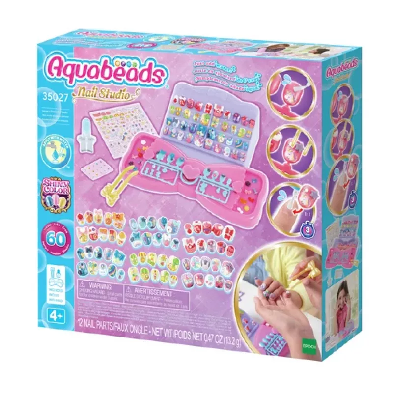 EPOCH Aquabeads Nail Studio Zestaw startowy - Zestaw do zdobienia paznokci koralikami aktywowanymi wodą dla dzieci, ponad 100 wzorów, paznokcie wielokrotnego użytku, bez kleju, wiek 4+