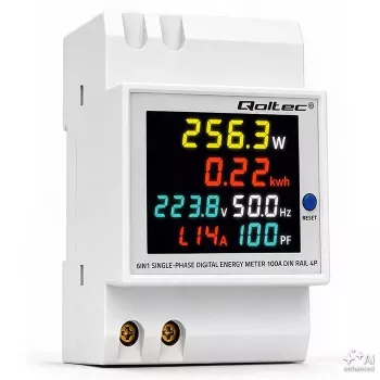 Qoltec Jednofazowy 6-w-1 licznik energii na szynę DIN z przekładnikiem 100A, 230V, LCD, wyjściem impulsowym