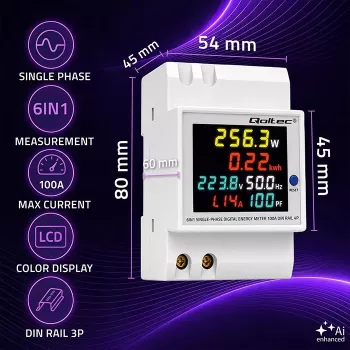 Qoltec Jednofazowy 6-w-1 licznik energii na szynę DIN z przekładnikiem 100A, 230V, LCD, wyjściem impulsowym