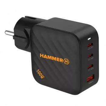 HAMMER RapidCharge 100W GaN Ładowarka ścienna, 2x USB-C PD 100W + 1x USB-A QC 30W, Czarny