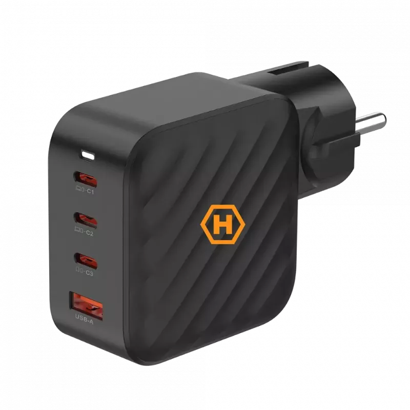 HAMMER RapidCharge 100W GaN Ładowarka ścienna, 2x USB-C PD 100W + 1x USB-A QC 30W, Czarny