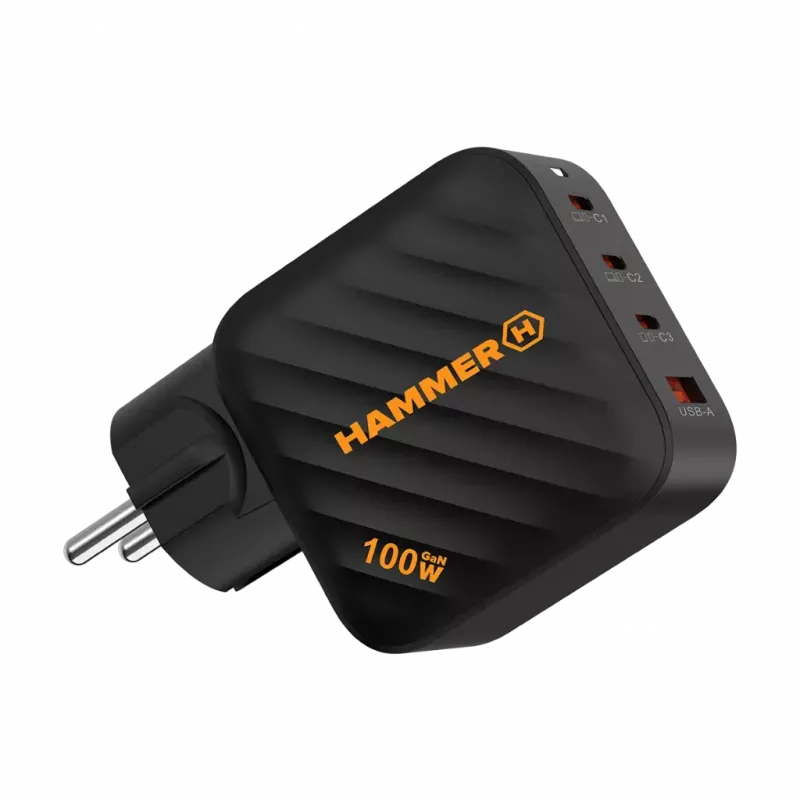 HAMMER RapidCharge 100W GaN Ładowarka ścienna, 2x USB-C PD 100W + 1x USB-A QC 30W, Czarny