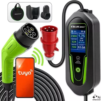 Qoltec Type 2 Ładowarka EV z regulowanym prądem, 7 kW, 230 V, CEE 32 A, Wi-Fi, Tuya Smart Life, LCD, 5 m przewód