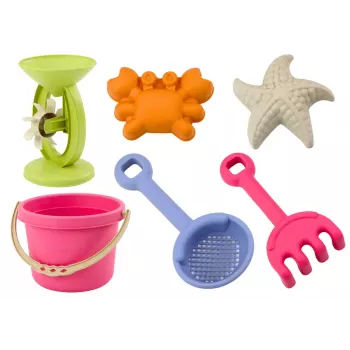 LEAN TOYS Zestaw zabawek do piasku - Wiaderko, Młynek, Sitko, 3 Pastelowe Foremki (6 sztuk)
