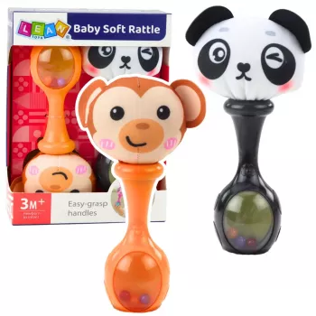 LEAN TOYS Zestaw grzechotek z miękkimi kulkami, wzory małpka i panda, 2 szt.