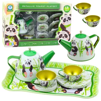 LEAN TOYS Panda Green Metalowy Zestaw do Herbaty 14-częściowy | Dziecięcy Blaszany Czajnik, Filizanki, Spodki, Talerzyki i Taca | Zabawka Kuchenna do Zabawy w Role dla Dzieci od 3 lat