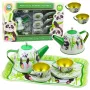 LEAN TOYS Panda Green Metalowy Zestaw do Herbaty 14-częściowy | Dziecięcy Blaszany Czajnik, Filizanki, Spodki, Talerzyki i Taca | Zabawka Kuchenna do Zabawy w Role dla Dzieci od 3 lat