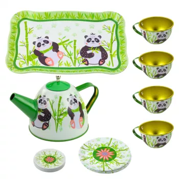 LEAN TOYS Panda Green Metalowy Zestaw do Herbaty 14-częściowy | Dziecięcy Blaszany Czajnik, Filizanki, Spodki, Talerzyki i Taca | Zabawka Kuchenna do Zabawy w Role dla Dzieci od 3 lat