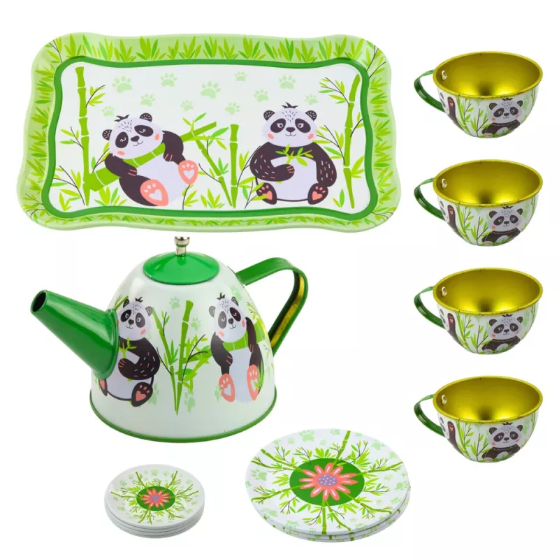 LEAN TOYS Panda Green Metalowy Zestaw do Herbaty 14-częściowy | Dziecięcy Blaszany Czajnik, Filizanki, Spodki, Talerzyki i Taca | Zabawka Kuchenna do Zabawy w Role dla Dzieci od 3 lat