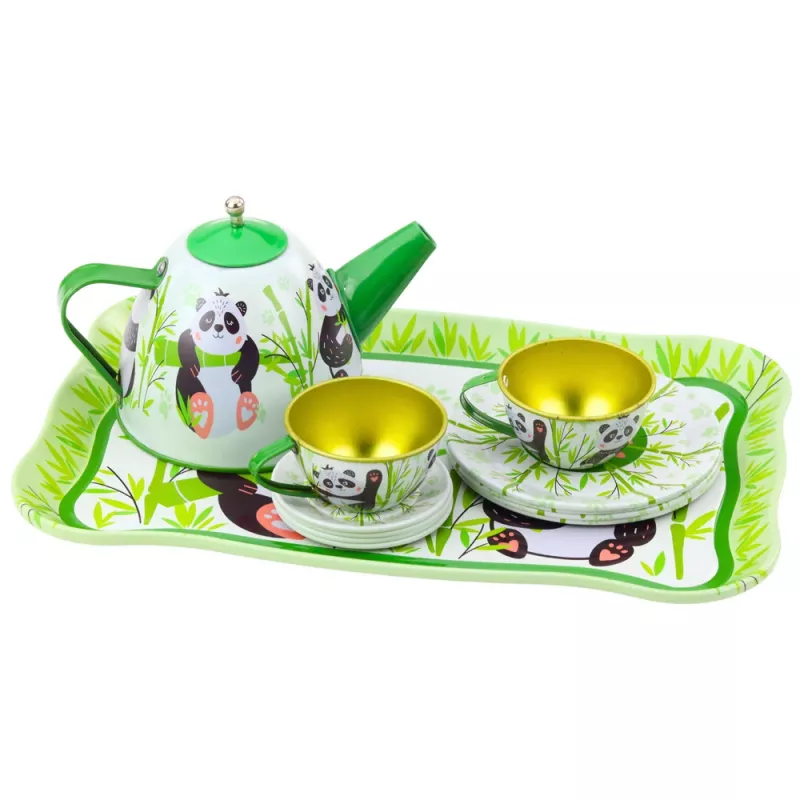 LEAN TOYS Panda Green Metalowy Zestaw do Herbaty 14-częściowy | Dziecięcy Blaszany Czajnik, Filizanki, Spodki, Talerzyki i Taca | Zabawka Kuchenna do Zabawy w Role dla Dzieci od 3 lat