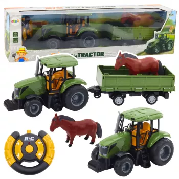 LEAN TOYS RC Zdalnie Sterowany Ciągnik z Przyczepą i Koniem - 2.4GHz, Akumulatorowy, Zielony/Czerwony, Wiek 3+