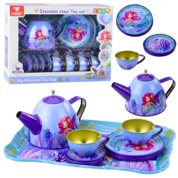 LEAN TOYS Dziecięcy metalowy zestaw do herbaty z filiżankami, czajnikiem i tacą Syrenka