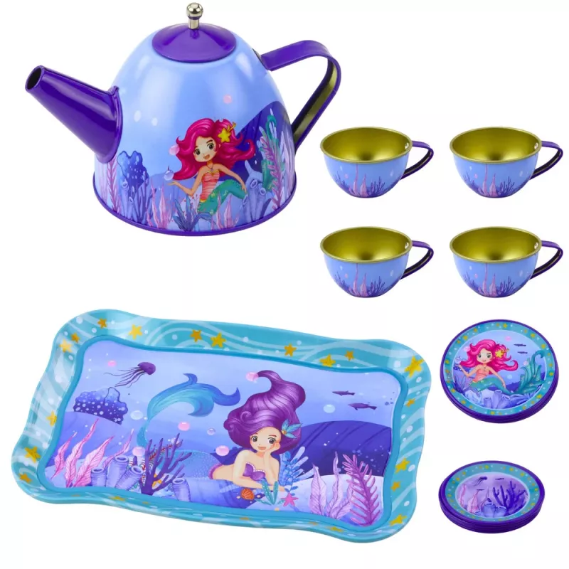 LEAN TOYS Dziecięcy metalowy zestaw do herbaty z filiżankami, czajnikiem i tacą Syrenka