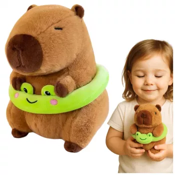 LEAN TOYS Pluszowa Kapibara z Zielonym Kołem Ratunkowym i Żabką, Brązowa, 20 cm