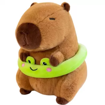LEAN TOYS Pluszowa Kapibara z Zielonym Kołem Ratunkowym i Żabką, Brązowa, 20 cm