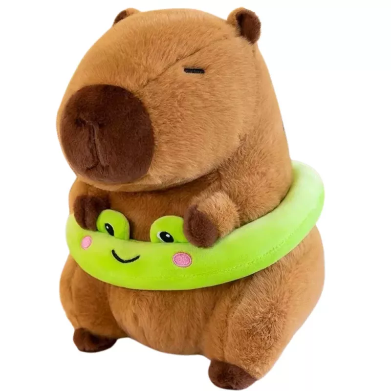 LEAN TOYS Pluszowa Kapibara z Zielonym Kołem Ratunkowym i Żabką, Brązowa, 20 cm