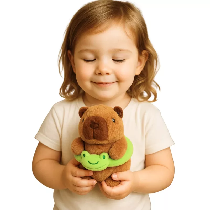 LEAN TOYS Pluszowa Kapibara z Zielonym Kołem Ratunkowym i Żabką, Brązowa, 20 cm