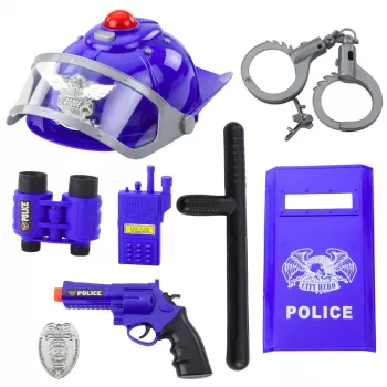 LEAN TOYS Zestaw policyjny dla dzieci, kask, pistolet, kajdanki, akcesoria, 9 szt.