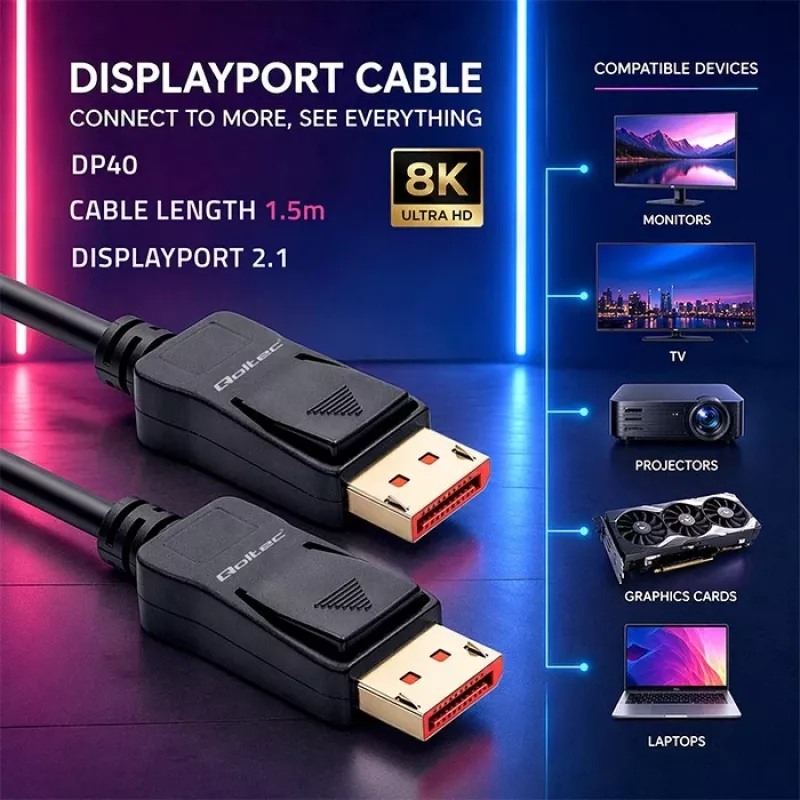 QOLTEC Kabel DisplayPort M/M v2.1 40G 1,5 m